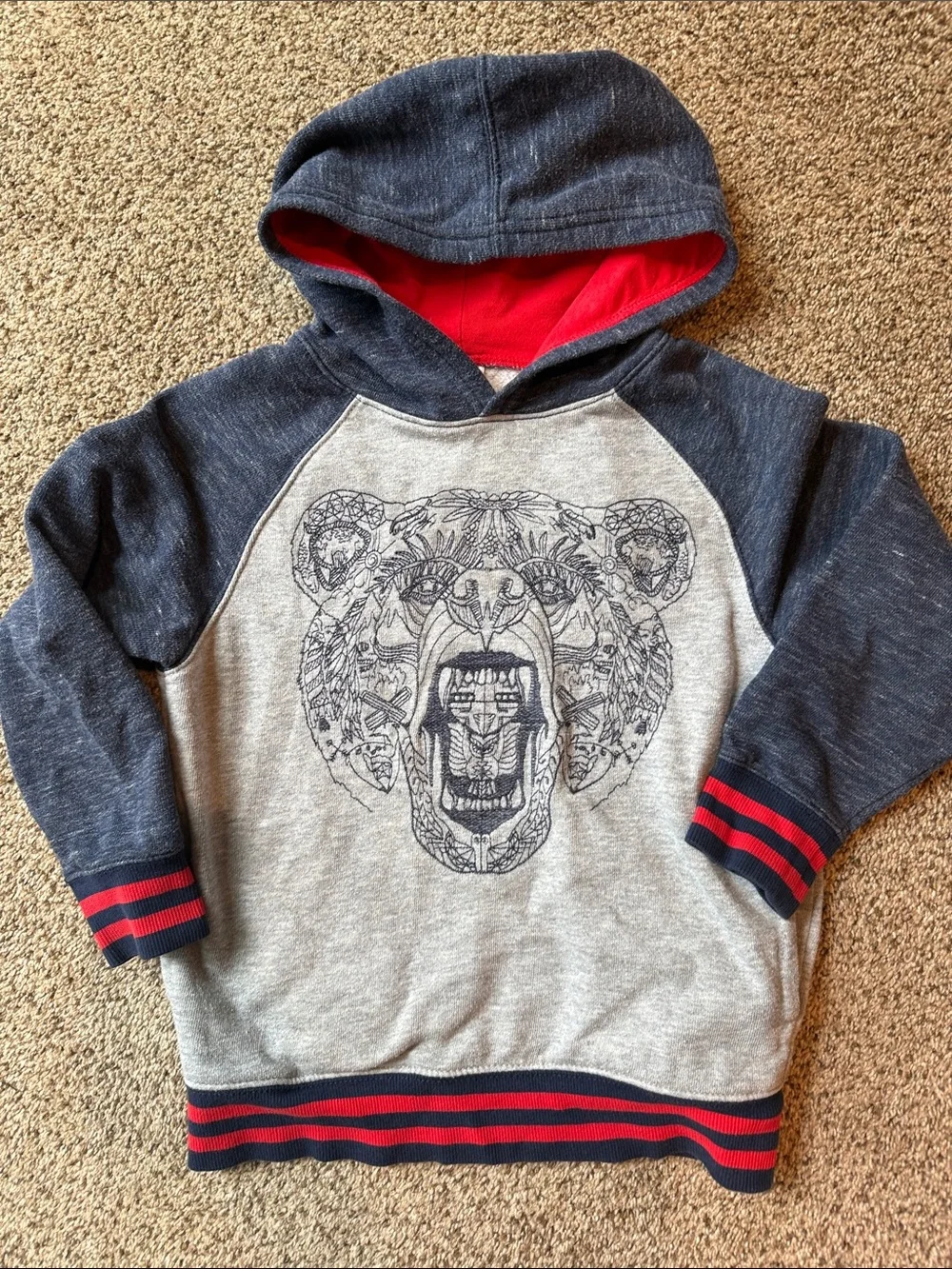 Gymboree | Boys Grey & Navy Bear Graphic Hooded Pullover